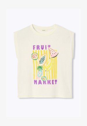 Haut sans manches crème avec des rayures verticales jaunes, illustrations de papaye, bananes, pastèque, kiwi et texte "FRUIT MARKET" en violet.
