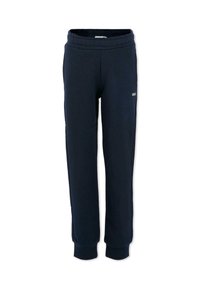 Navyblauwe joggingsbroek van zacht materiaal, met een elastische tailleband en geribbelde boorden. Bevat een discreet logo aan de zijkant.