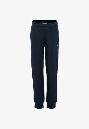 Granatowe dresy wykonane z miękkiego materiału, z elastycznym pasem i ściągaczami na końcach. Zawierają dyskretną grafikę logo z boku.