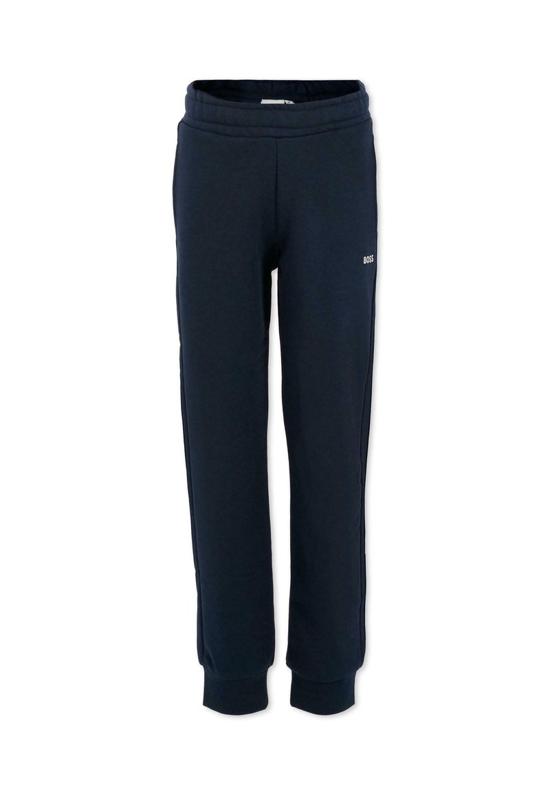 Navyblauwe joggingsbroek van zacht materiaal, met een elastische tailleband en geribbelde boorden. Bevat een discreet logo aan de zijkant.