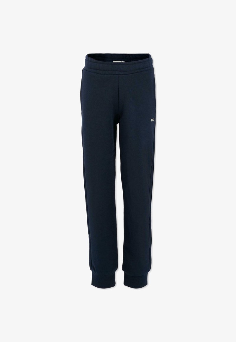 Navyblauwe joggingsbroek van zacht materiaal, met een elastische tailleband en geribbelde boorden. Bevat een discreet logo aan de zijkant.