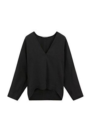 Haut noir avec un col en V, des manches longues et un ourlet légèrement courbé. Fabriqué dans un matériau doux sans motifs ni ornements visibles.