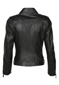 Schwarze Lederjacke mit taillierter Passform, Reverskragen und vertikalen Nähten. Verfügt über verstellbare Seitenträger und strukturierte Ärmel.