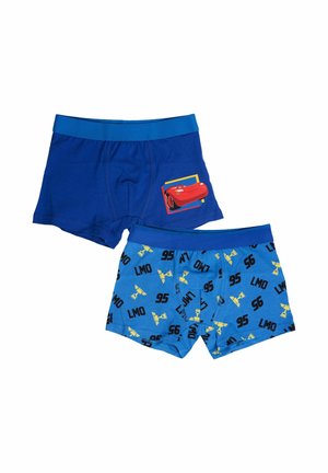 Blue cotton boxers, one solid with a red car graphic, the other blue with black text and yellow accents, featuring playful designs.