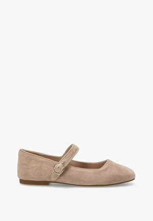 Bailarinas de ante beige estilo Mary Jane con punta redondeada, tacón plano y correa con hebilla en el empeine. Textura suave con un diseño minimalista.