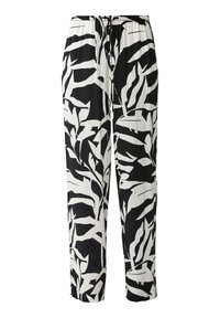 Pantalon noir et blanc avec un motif de feuilles, fabriqué en tissu léger, doté d'une ceinture élastique et d'une coupe ample à jambes droites.