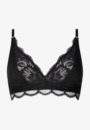Musta pitsinen bralette, jossa on kolmiotyyppinen muoto, kampauksellinen reuna, kukkakuosi, säädettävät hihnat ja pieni nauhakoriste keskellä.