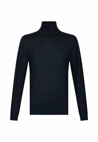 Maglione a collo alto blu scuro con maniche lunghe, realizzato in un tessuto liscio e leggero. Collo e polsini a coste con una silhouette aderente.