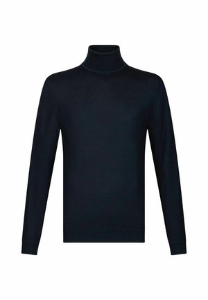 Dunkelblauer Rollkragenpullover mit langen Ärmeln, aus einem glatten, leichten Stoff gefertigt. Mit geripptem Kragen und Bündchen sowie einer figurbetonten Silhouette.