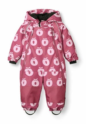 Combinaison de neige imperméable rose pour tout-petit avec capuche, imprimé pomme, fermetures éclair à l'avant, poignets élastiques, genoux renforcés et sangles pour les pieds pour l’hiver.