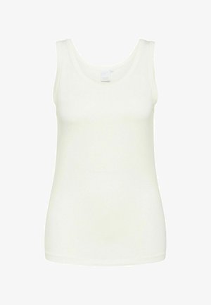 White sleeveless tank top made of soft fabric, featuring a round neckline and a fitted silhouette. Simple design, no patterns or accents.
