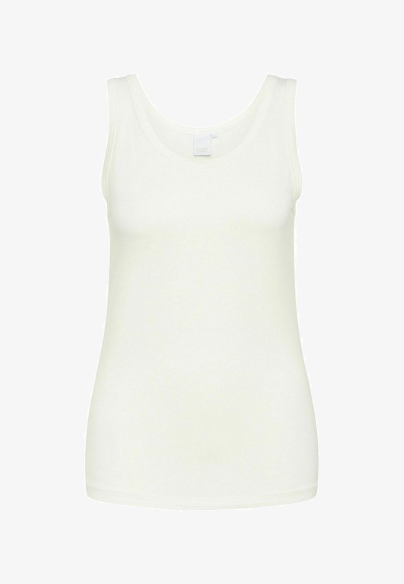 White sleeveless tank top made of soft fabric, featuring a round neckline and a fitted silhouette. Simple design, no patterns or accents.