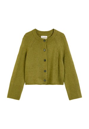 Olive green cropped cardigan made of textured knit fabric, featuring a round neck, ribbed cuffs, and five black buttons down the front.