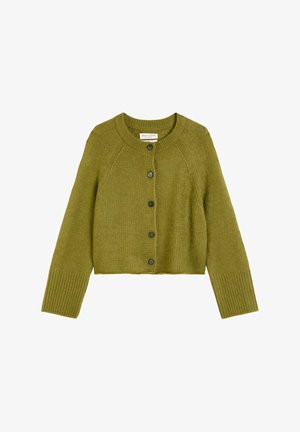 Cardigan corto verde oliva realizzato in tessuto a maglia testurizzata, con collo rotondo, polsini a coste e cinque bottoni neri sulla parte anteriore.