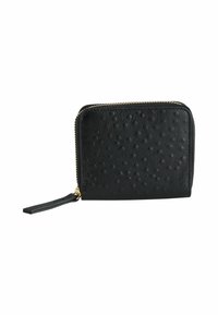 Black leather wallet with a textured surface, zip closure, and gold-tone accents. Features a small detachable strap for easy carrying.