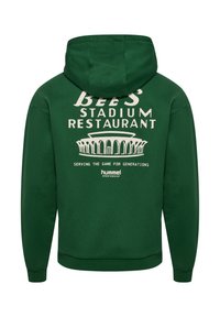 Green hoodie made of soft material with a spacious hood. Features white text and graphics on the back, including "Bee's Stadium Restaurant."