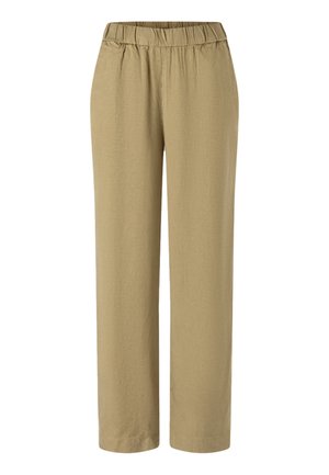 Pantalon à taille élastique beige et jambes droites, fabriqué en tissu léger, conçu pour un port décontracté ou confortable.