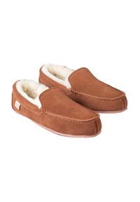 Brown suede slip-on slippers with white fleece lining, rounded toe, and contrasting stitching. Soft texture and flexible rubber sole.