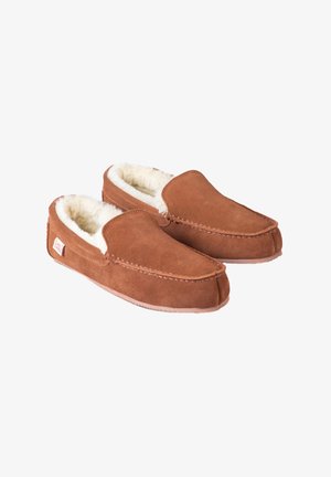 Brown suede slip-on slippers with white fleece lining, rounded toe, and contrasting stitching. Soft texture and flexible rubber sole.