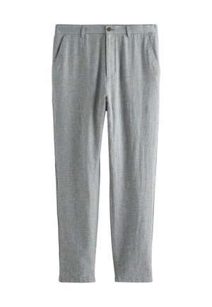 Gray patterned trousers with a straight cut, featuring front pockets and a single button closure. Made from lightweight woven fabric.