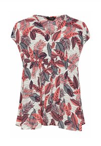 Camiseta de manga corta con estampado floral y escote en V, que presenta un patrón de hojas en rosa y negro sobre un fondo claro. Fabricada con un tejido ligero.