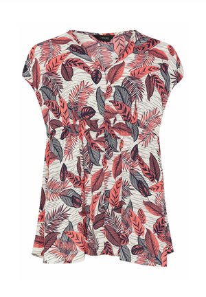 Blusenshirt mit kurzärmeligen Blumenmuster und V-Ausschnitt, das ein pinkes und schwarzes Blattmuster auf hellem Hintergrund zeigt. Hergestellt aus leichtem Stoff.