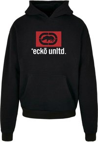 Sort bomulds-hoodie med en rød rektangulær grafik, der viser en silhuet af et næsehorn og teksten "*eckō unltd." i hvid. Inkluderet frontlomme.