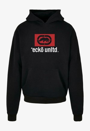 Sudadera negra de algodón con un gráfico rectangular rojo que presenta la silueta de un rinoceronte y el texto "*eckō unltd." en blanco. Incluye bolsillo en la parte frontal.