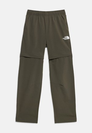 Sötét olívazöld, zipzárral levehető szárú, konvertibilis túranadrág, elasztikus derékrésszel, oldalzsebekkel és The North Face logóval a bal combon.