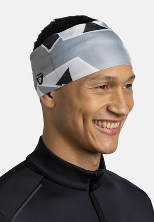 Cinta para la cabeza ligera de color gris con patrones geométricos en negro. Está hecha de un tejido suave y elástico con una textura lisa. Incluye una etiqueta con el logo.