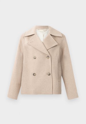Beige wool double-breasted pea coat with wide lapels, four buttons, long sleeves, and side slit pockets.