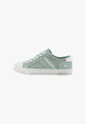 Light green low-top sneaker with white rubber sole, striped laces, and a small white horse logo on the heel.