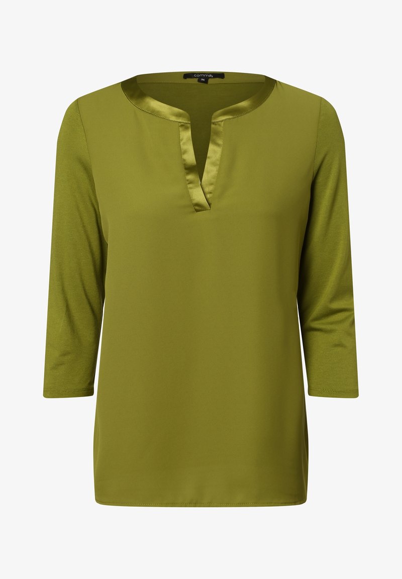 Blusa da donna verde oliva con maniche 3/4 e scollatura a V rifinita in raso.