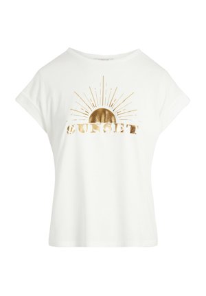 Camiseta blanca de algodón con un gráfico metálico dorado de "SUNSET" que presenta un diseño de sol y líneas radiantes, de manga corta y un ajuste relajado.