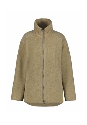 Giacca in pile beige con zip integrale, collo alto, maniche lunghe e due tasche laterali, realizzata in morbido tessuto sherpa texturizzato.
