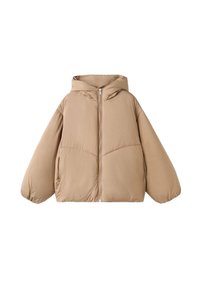Giacca puffer beige con cappuccio, chiusura a zip completa e maniche oversize. Presenta una texture liscia e cuciture diagonaliche sul torace.