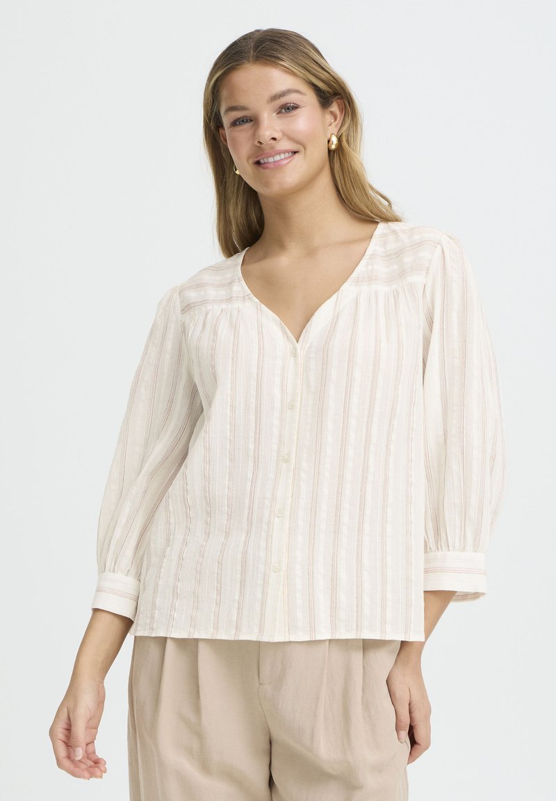 Femme souriante aux cheveux blonds mi-longs portant un chemisier rayé clair à boutons avec manches trois-quarts et un pantalon beige, debout sur fond blanc.