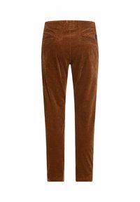Bruine corduroy broek met een slim fit, voorzien van verticale ribbels, een elastische tailleband en twee achterzakken. Geen zichtbare onderdelen of patronen.
