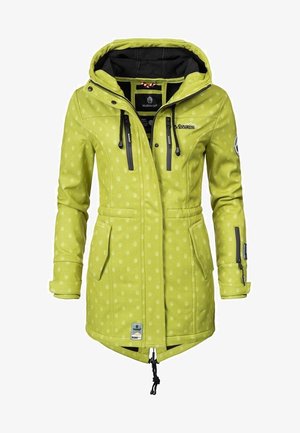 Veste imperméable verte avec capuche, dotée d'un motif texturé et de deux poches avant, d'une taille ajustable avec cordon de serrage et de zips.