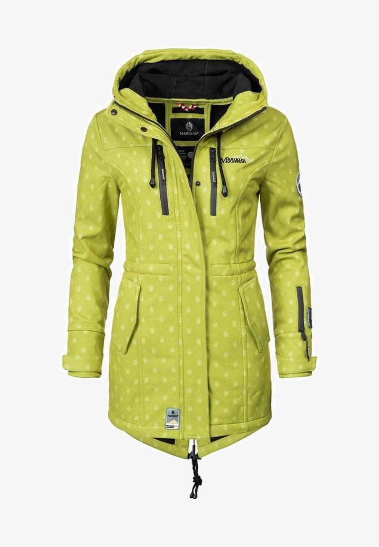 Zielona wodoodporna kurtka z kapturem, z teksturowanym wzorem i dwiema przednimi kieszeniami, regulowanym paskiem w talii i zamkami błyskawicznymi.