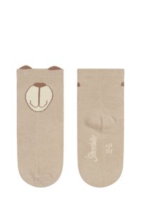 Beige Knöchelsocken mit einem Bärenkopf-Design; haben Ohren oben und braune Akzente. Hergestellt aus weichem Material, leichtem Stoff und nahtlosem Zehenbereich.