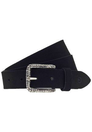 Black leather belt with a textured silver buckle, featuring multiple holes for adjustment and a smooth, matte finish.