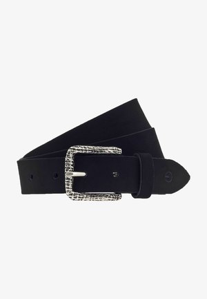 Mustat nahkavyö, jossa on teksturoitu hope buckle, useilla säätöreikillä ja sileällä, matalla pinnalla.