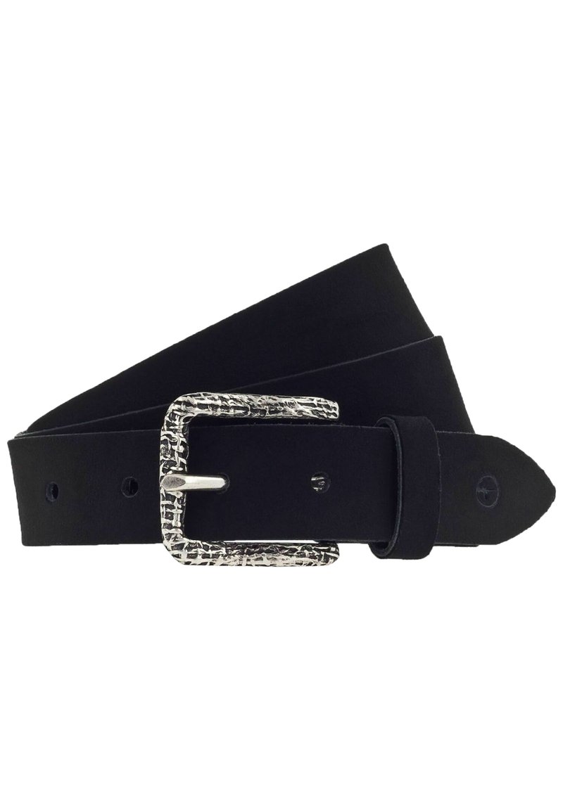 Zwarte leren riem met een gestructureerde zilveren gesp, voorzien van meerdere gaatjes voor aanpassing en een gladde, matte afwerking.