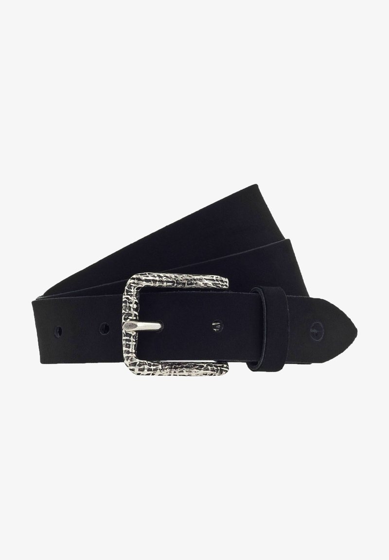 Cinturón de cuero negro con una hebilla de plata texturizada, que presenta múltiples agujeros para ajuste y un acabado suave y mate.