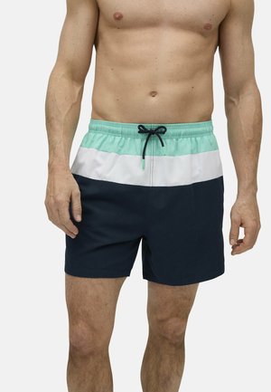 Bañadores para hombre con cintura con cordón. Presentan un diseño tricolor: azul oscuro, blanco y verde menta. Textura suave, de longitud hasta la rodilla.