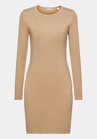 Robe pull longue beige à manches longues, en maille, avec un col rond, un ourlet droit et une silhouette ajustée.