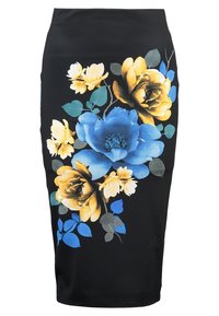 Gonna aderente nera con grande stampa floreale in blu, giallo e verde. Tessuto liscio con colori vivaci e design che aderisce al corpo.