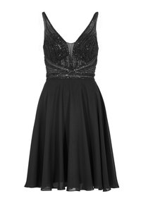 Robe noire avec un décolleté en V et des broderies complexes sur le corsage. Jupe évasée en tissu léger, soulignant le mouvement et l'élégance.