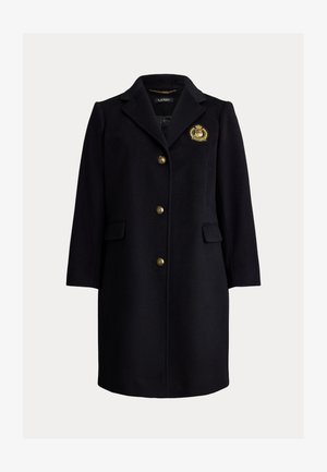 Temno modra jakna iz mešanice volne z ovratnikom z zarezami, gumbi v zlatem odtenku, stranskimi žepi in vezenim grbom na prsih.
